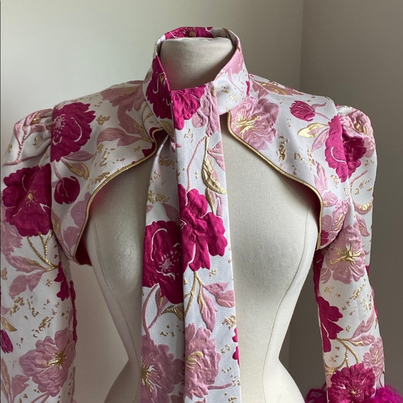 Custom Floral Pink Bolero with Mongolian Fur Cuffs Womens Sz Small Metallic - Picture 3 of 6